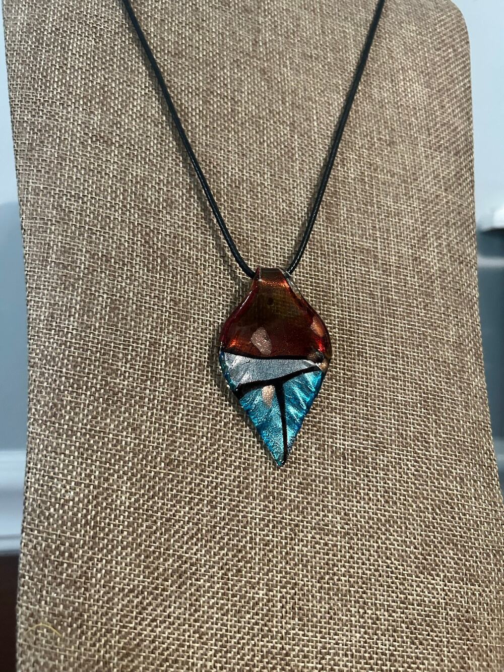 Art Glass Teardrop Pendant Necklace Blue Amber Swirl Black Cord Unisex